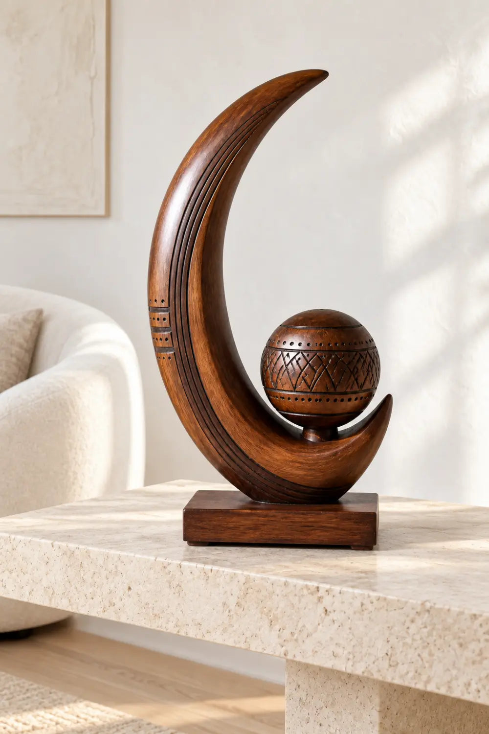 Artisan Carved Wooden Sculpture Abstract Sphere And Crescent Tabletop Art