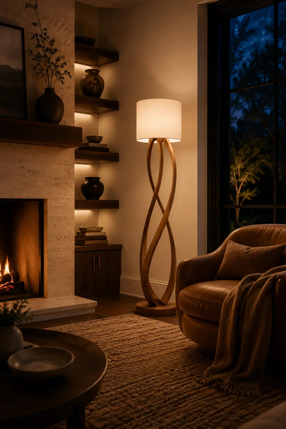 Sculptural Wooden Floor Lamp Abstract Twist Design Warm Light Fixture