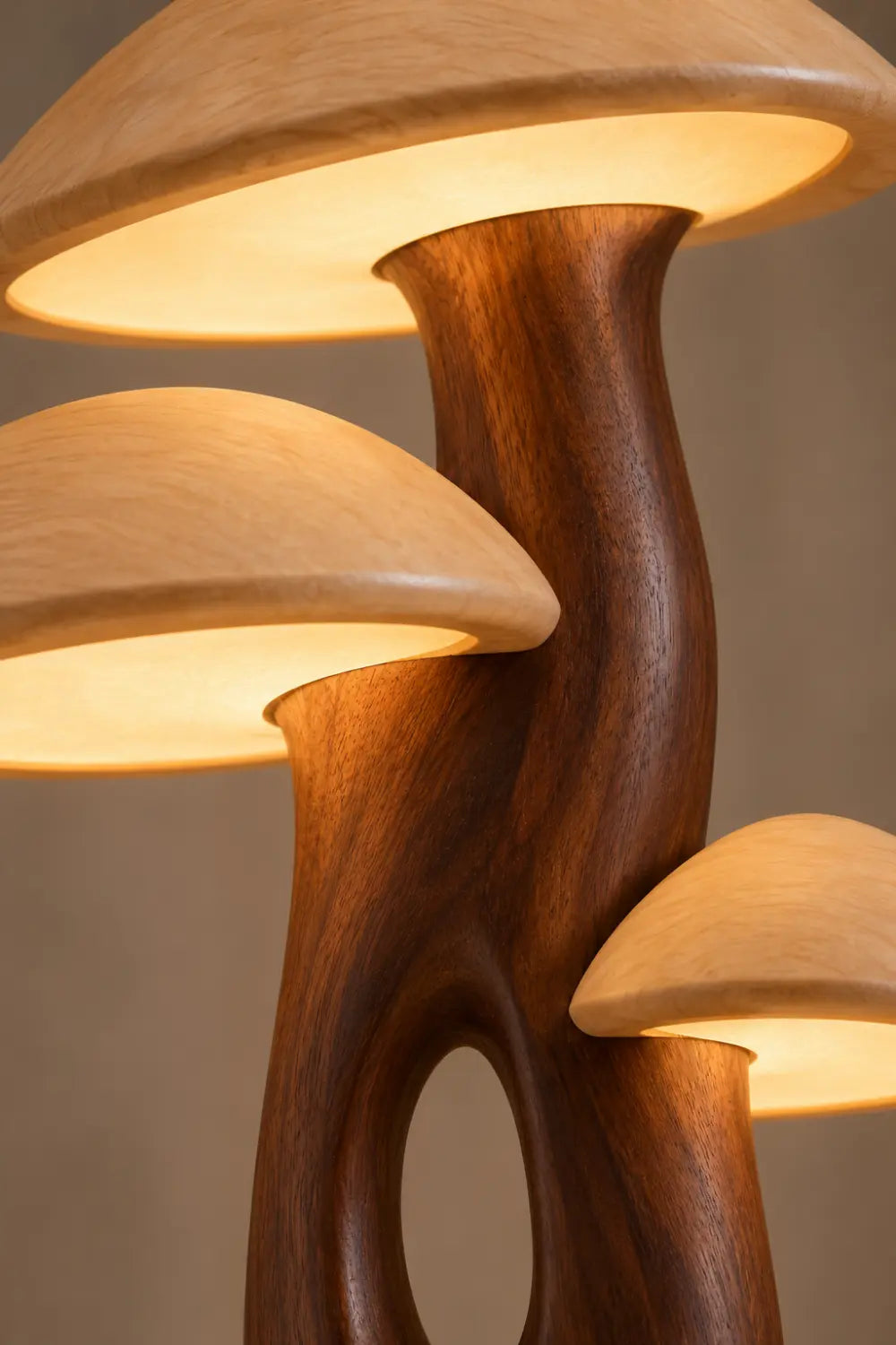 Hand-Carved Wooden Floor Lamp With Mushroom Shades For Modern Living Rooms