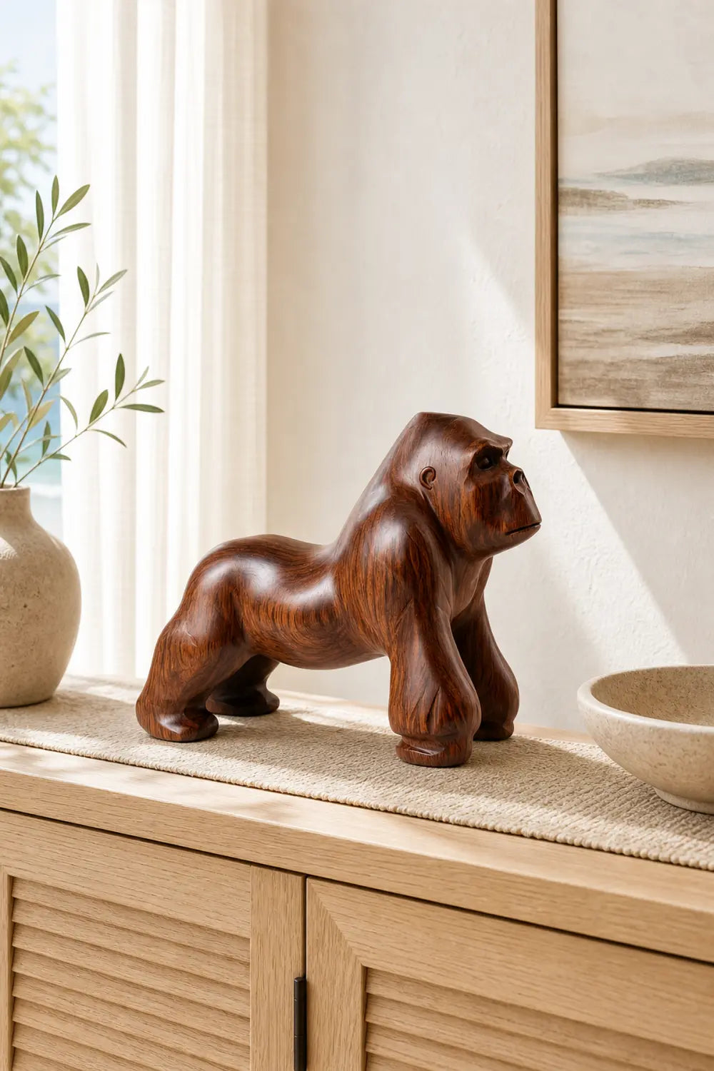 Hand-Carved Walnut Gorilla Sculpture - Realistic Animal Wood Statue For Home Decor
