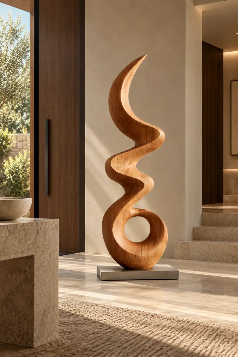Large Abstract Oak Wood Sculpture For Modern Home Decor