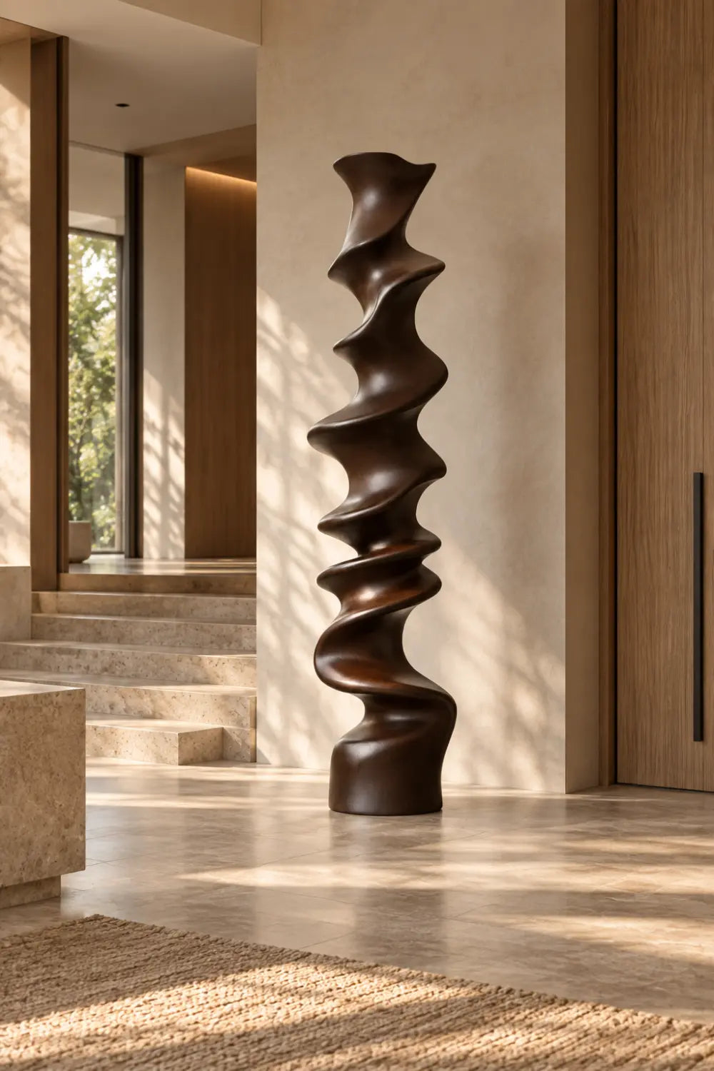 Large Abstract Walnut Wood Floor Sculpture For Modern Home Decor And Living Room Accent