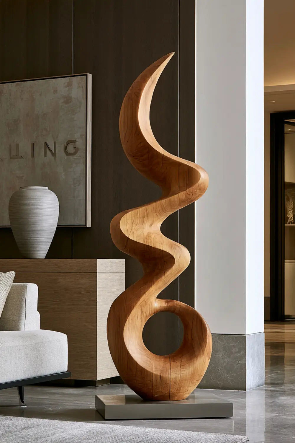 Large Abstract Oak Wood Sculpture For Modern Home Decor