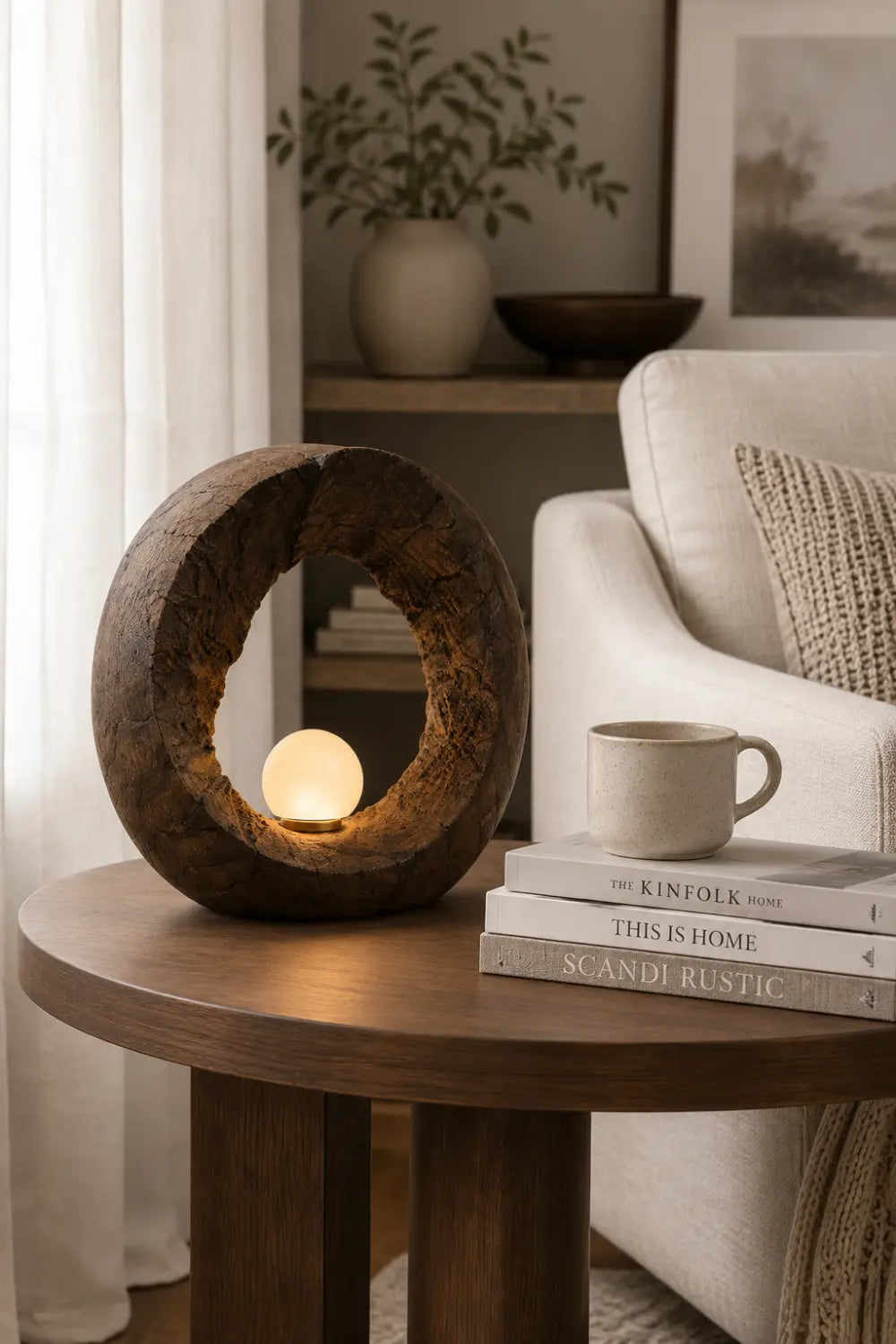 Handcrafted Wooden Table Lamp With Abstract Ring Shape For Modern Home Decor