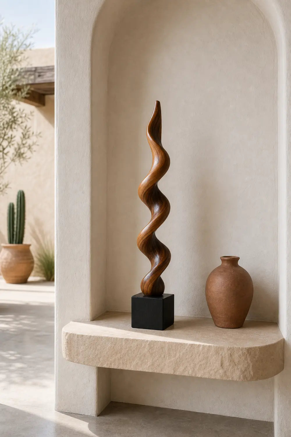 Large Abstract Walnut Wood Spiral Sculpture For Modern Home Decor And Gallery Display