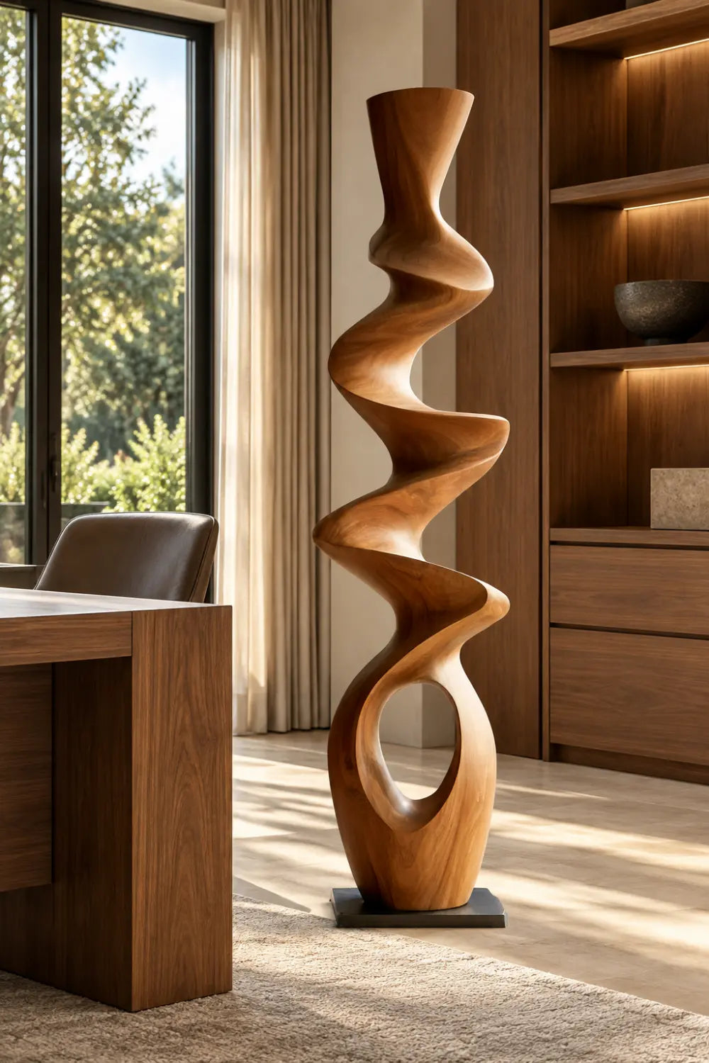 Swirling Wood Floor Sculpture | Tall Helical Statue For Living Space Decor