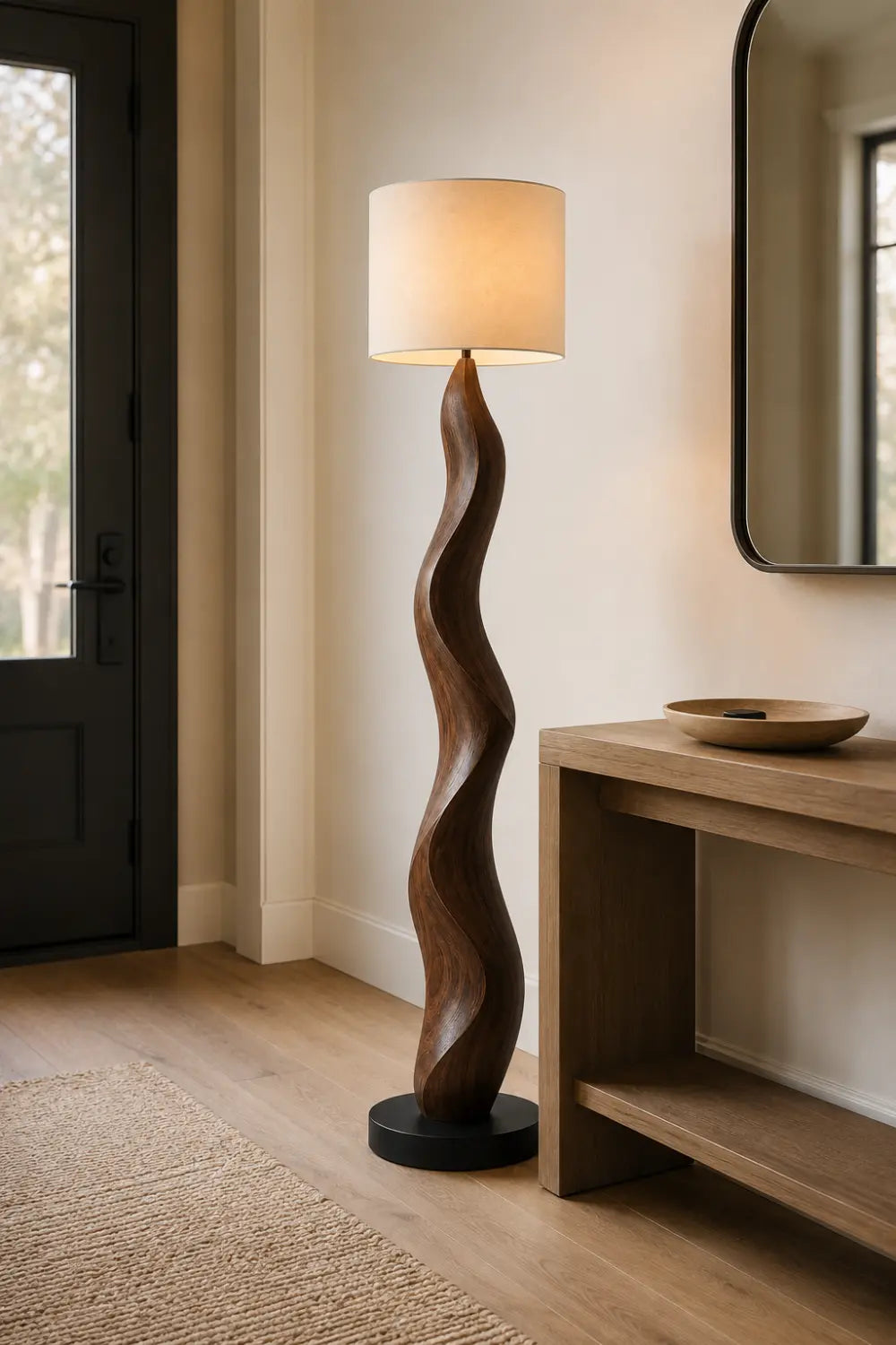 Abstract Wood Floor Lamp With Sinuous Carved Base And Linen Shade For Modern Living Rooms