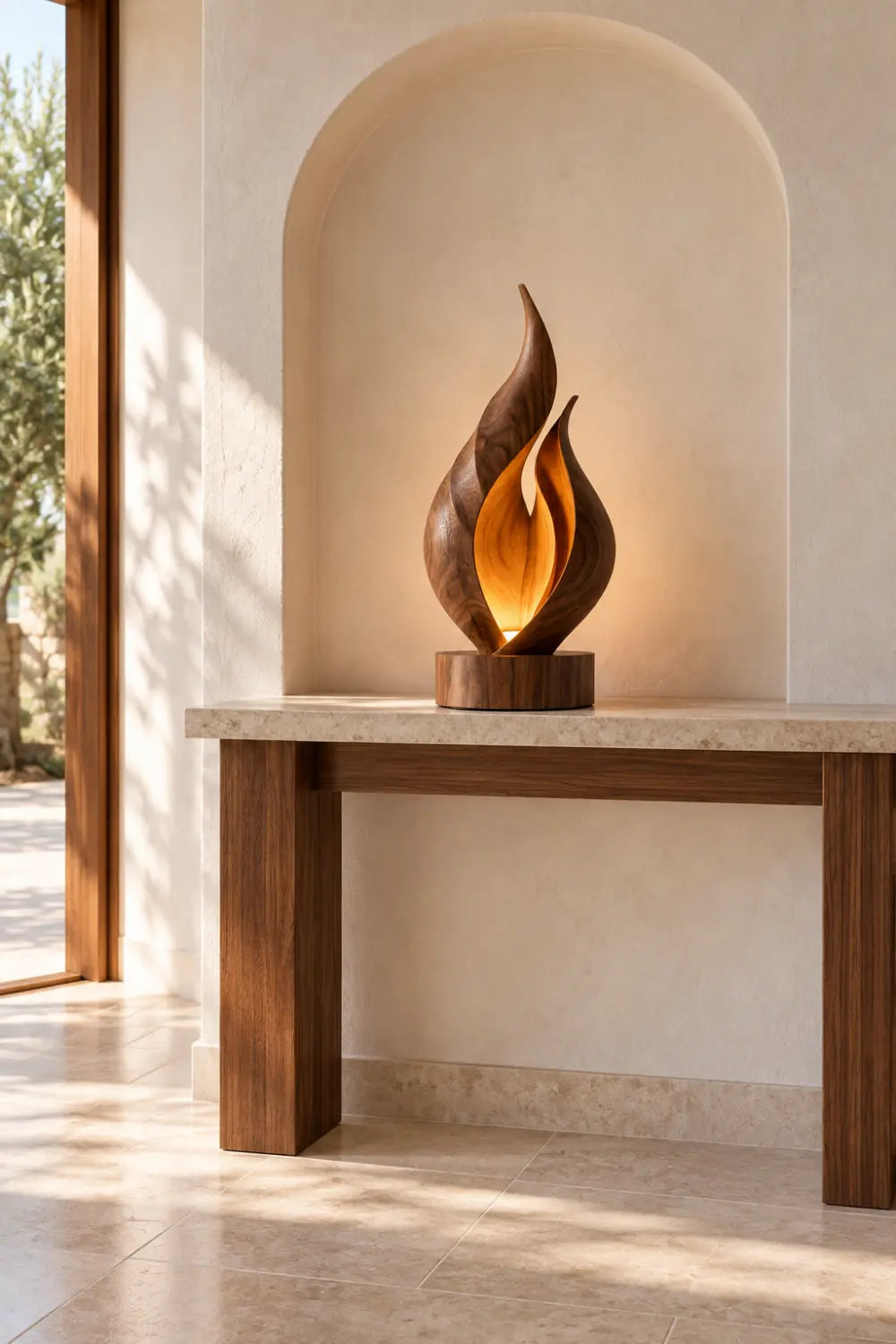 Solid Wood Flame Sculpture Lamp Warm White Light Artistic Desk Accent For Living Room
