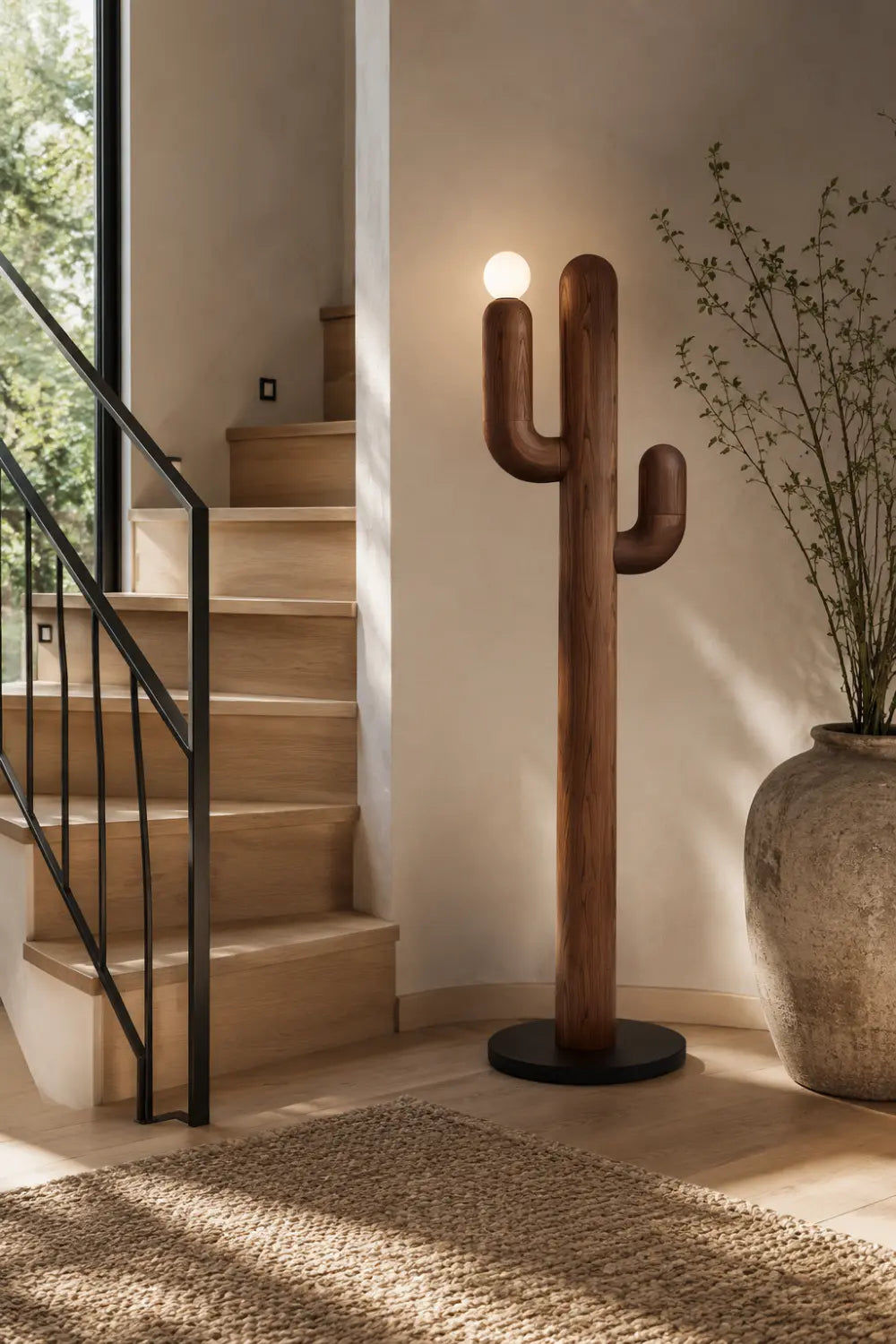 Modern Walnut Cactus Floor Lamp Minimalist Wooden Light Sculpture For Living Room Decor