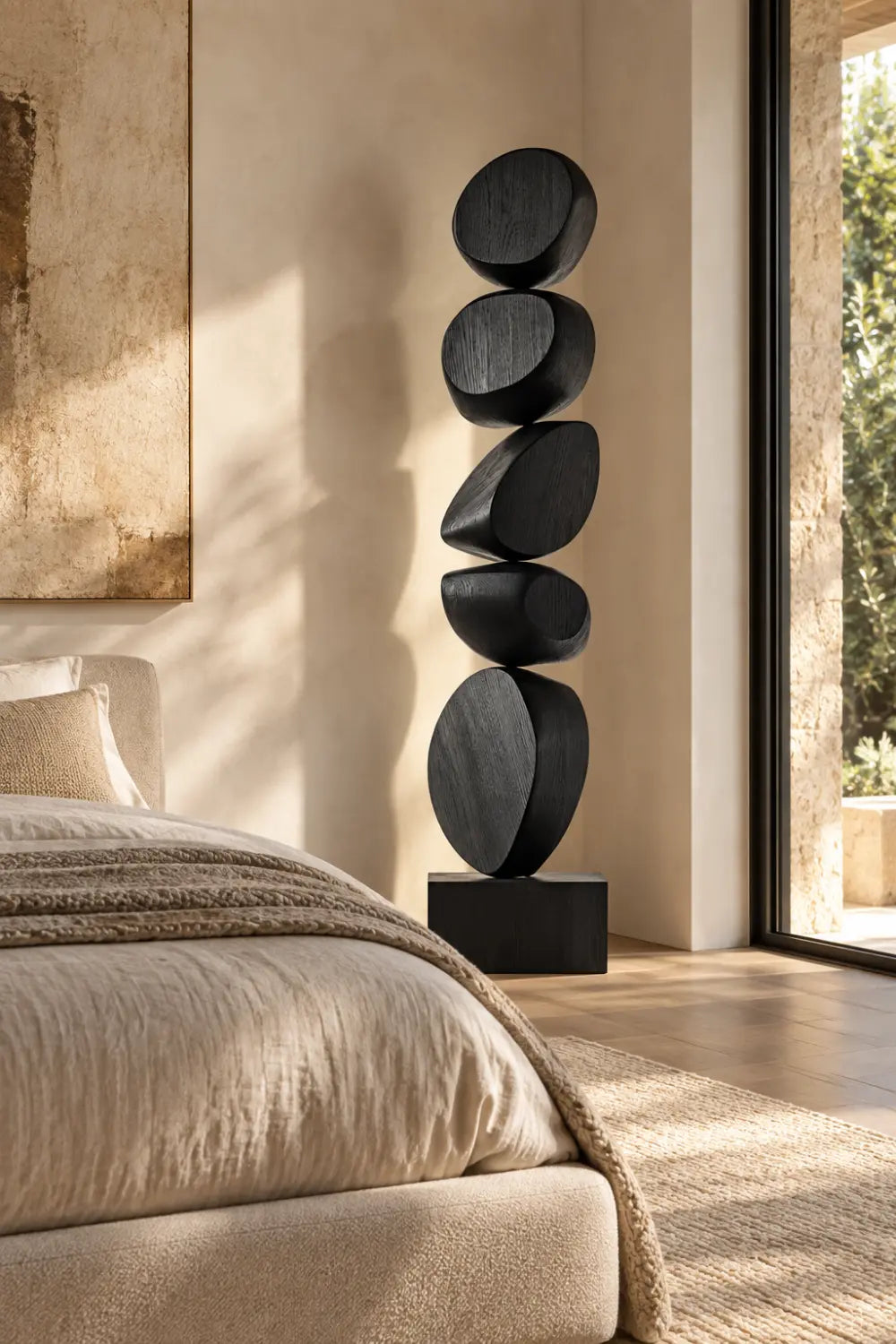 Hand Carved Matte Black Wooden Statue Large Scale Abstract Art