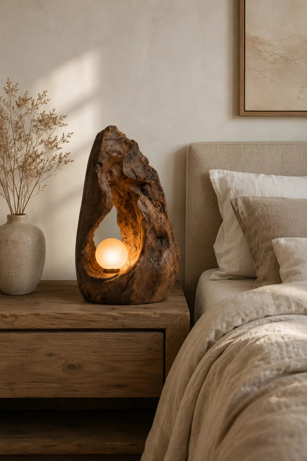 Hand Carved Organic Wood Table Lamp With Warm Glow For Modern Living Rooms
