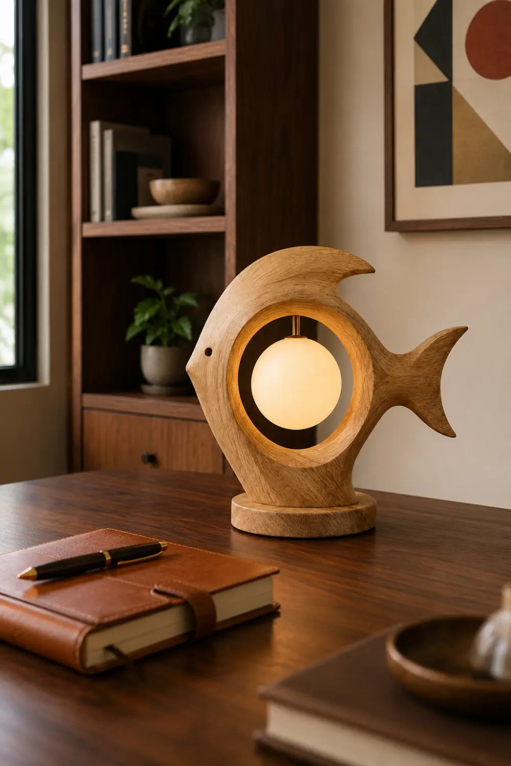Modern Fish Shaped Wooden Table Lamp For Minimalist Home Decor And Warm Ambient Lighting