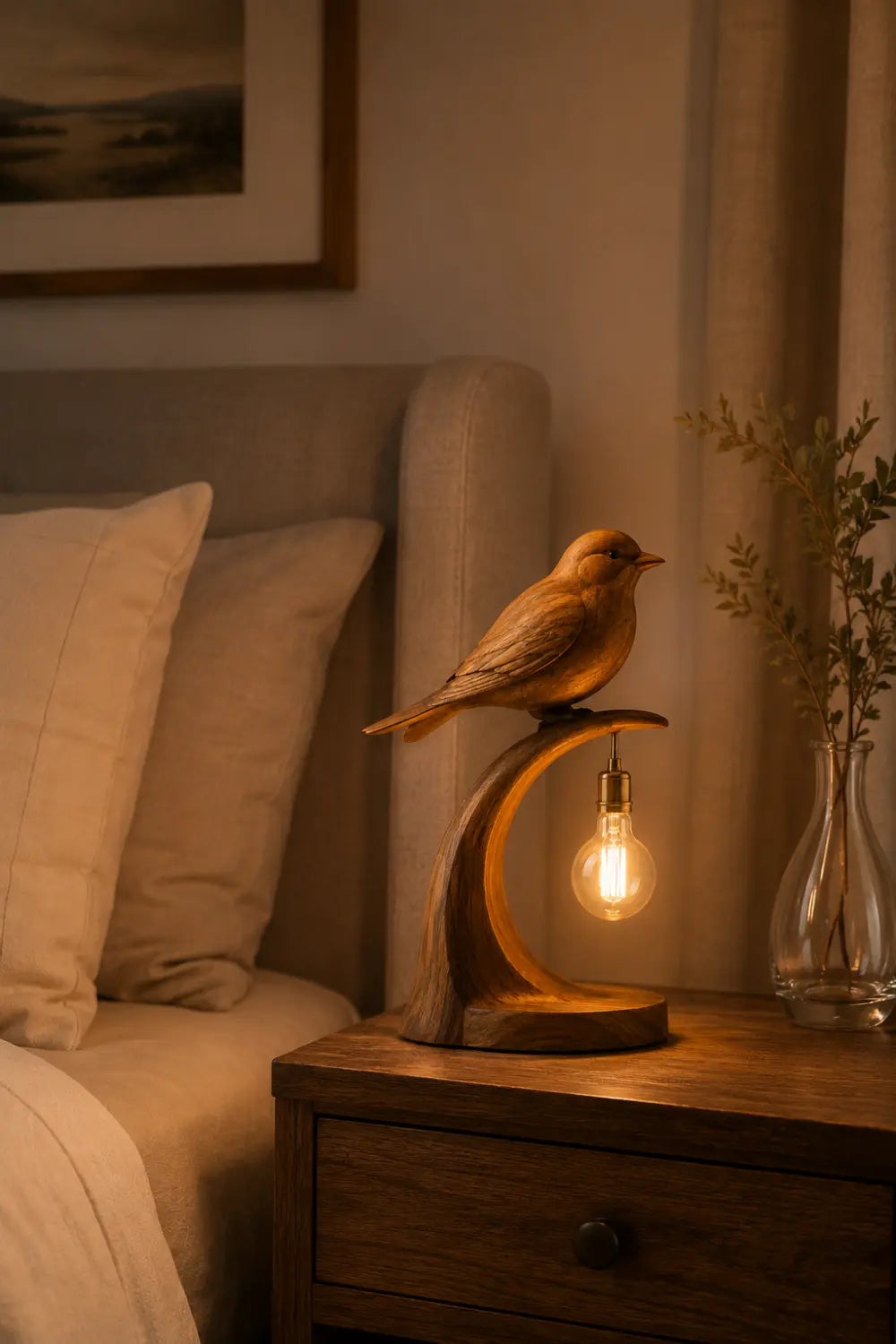Hand Carved Walnut Bird Table Lamp Modern Organic Lighting Decor