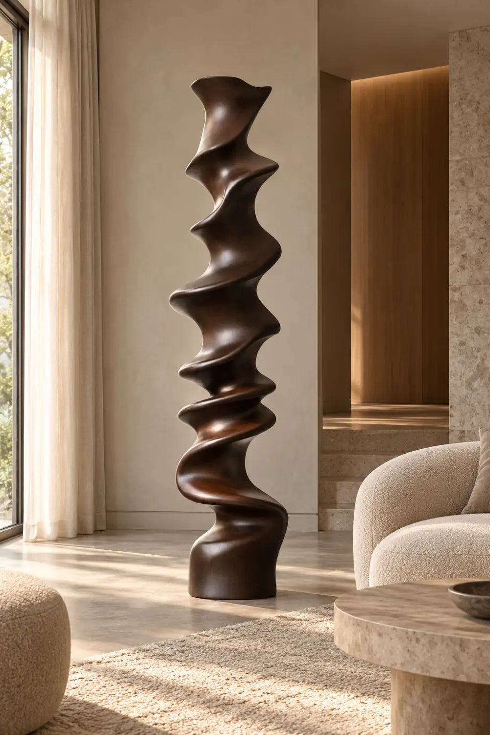Large Abstract Walnut Wood Floor Sculpture For Modern Home Decor And Living Room Accent