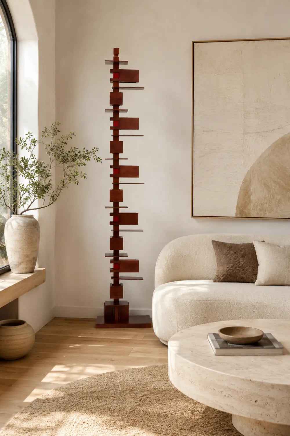 Large Modern Wooden Floor Lamp Abstract Geometric Totem Design For Living Room