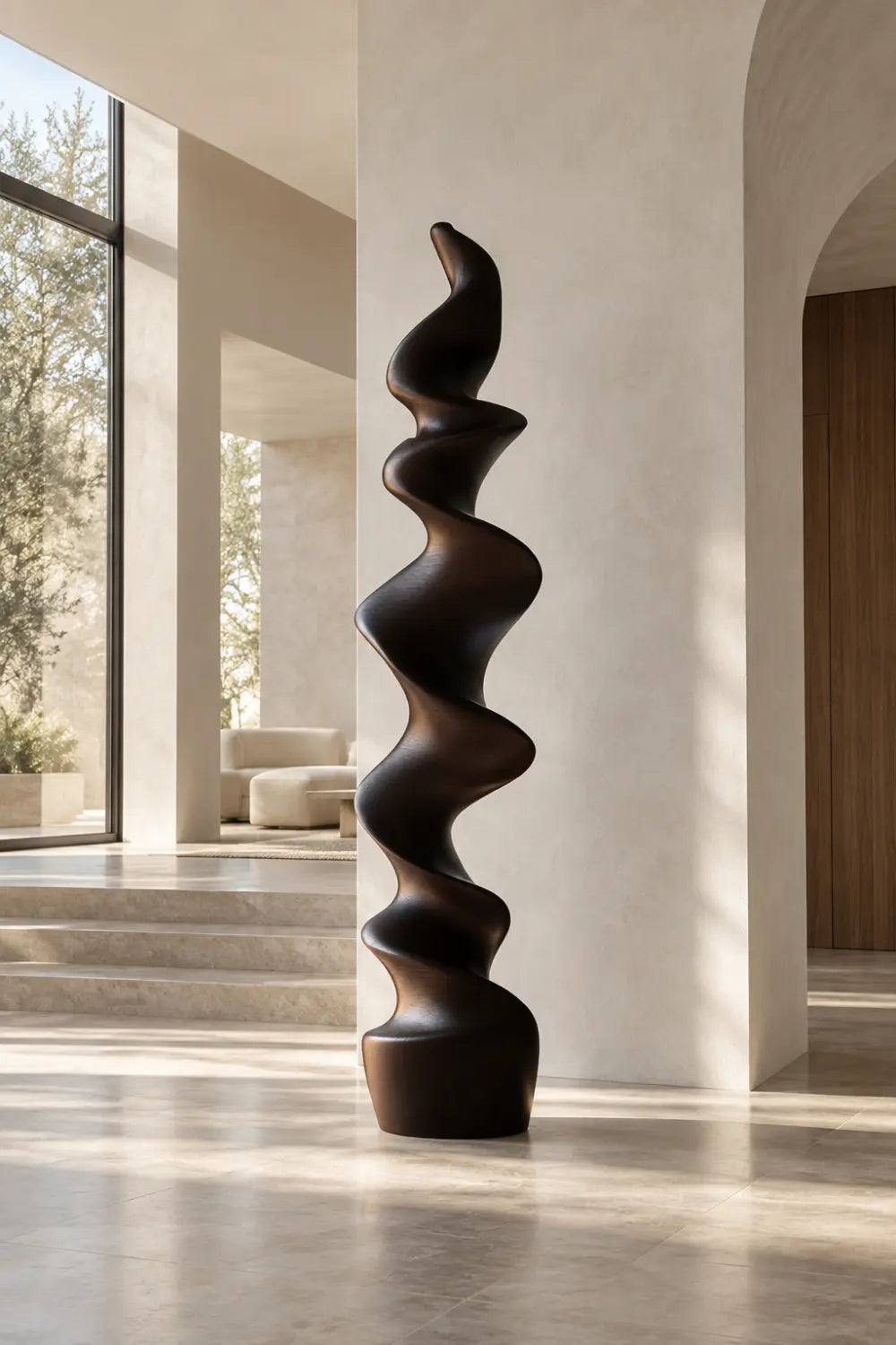 Large Abstract Spiral Wood Sculpture For Modern Home Decor
