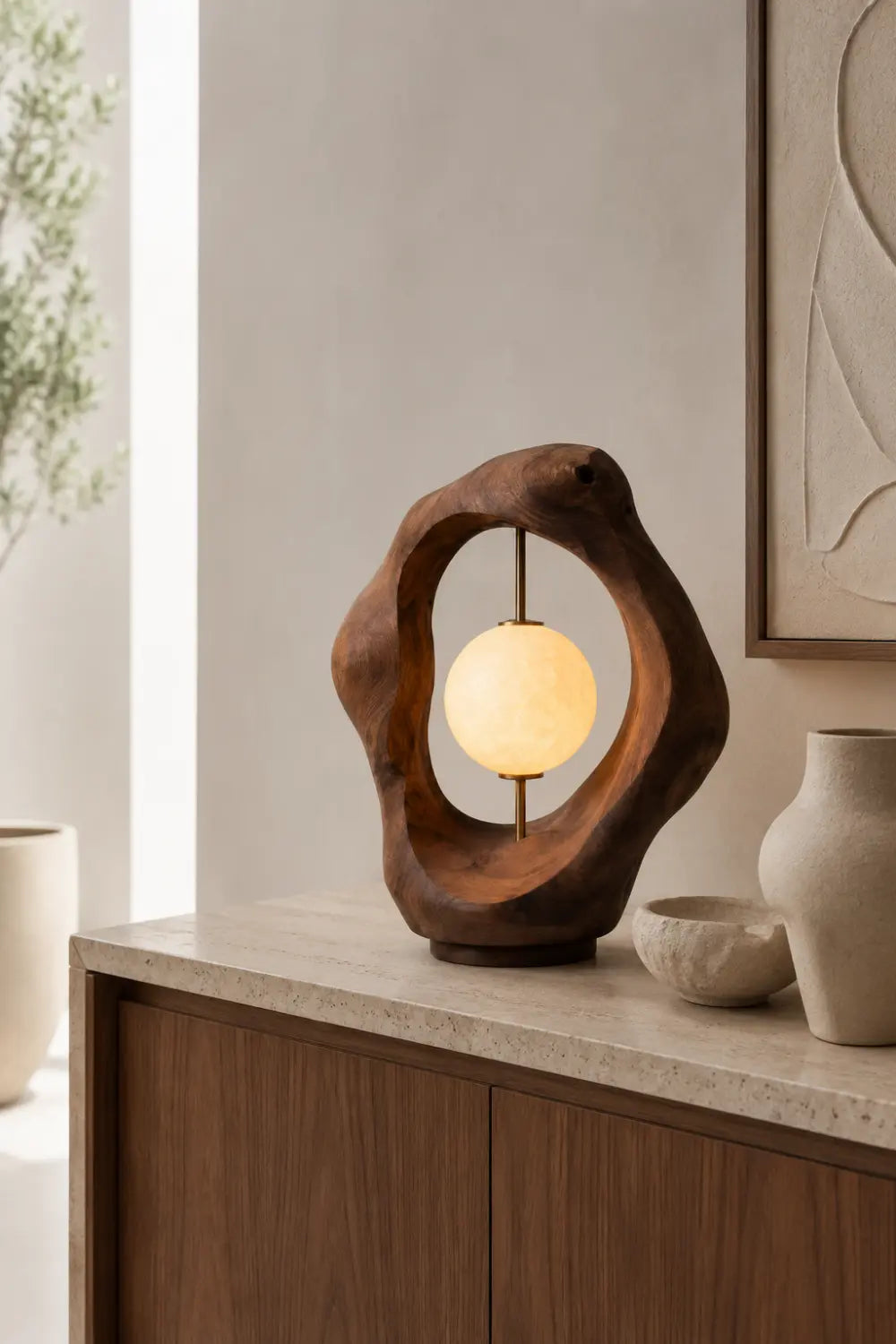 Biomorphic Wood Loop Table Lamp | Abstract Fluid Halo Desk Light For Space Decor