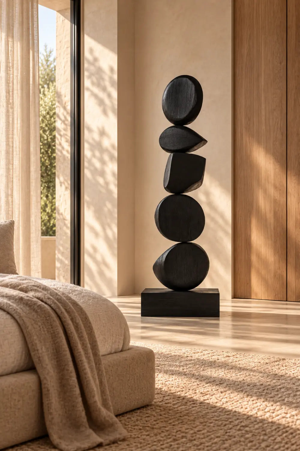 Large Black Abstract Wood Sculpture For Modern Minimalist Home Decor