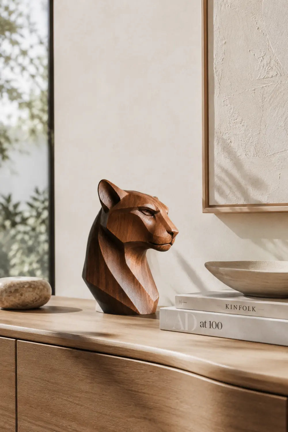 Abstract Wooden Panther Statue Minimalist Animal Sculpture For Contemporary Interiors