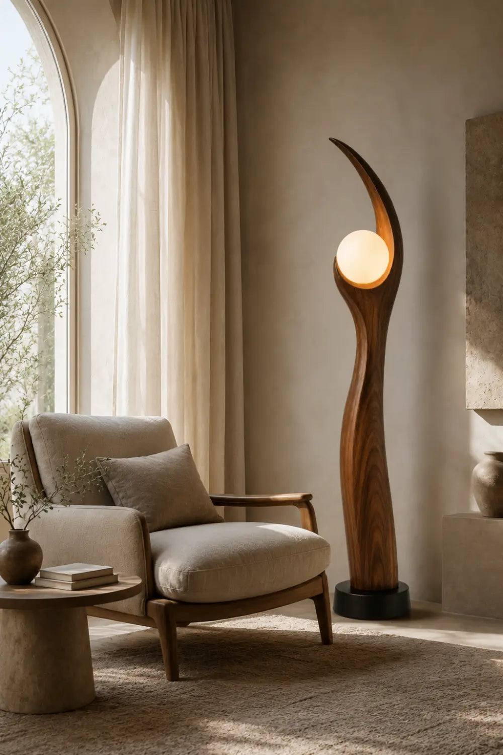 Sculptural Wooden Floor Lamp Blending Art And Function With Natural Grain Texture And Soft Illumination