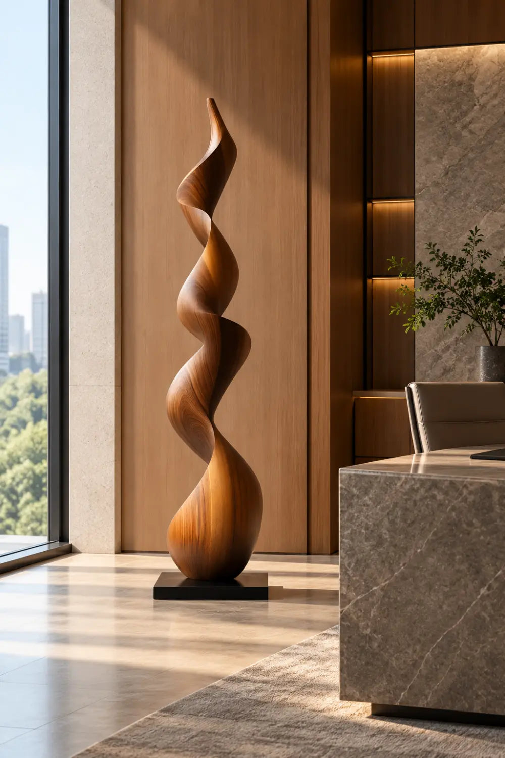 Large Walnut Wood Spiral Sculpture For Modern Living Room Freestanding Abstract Art