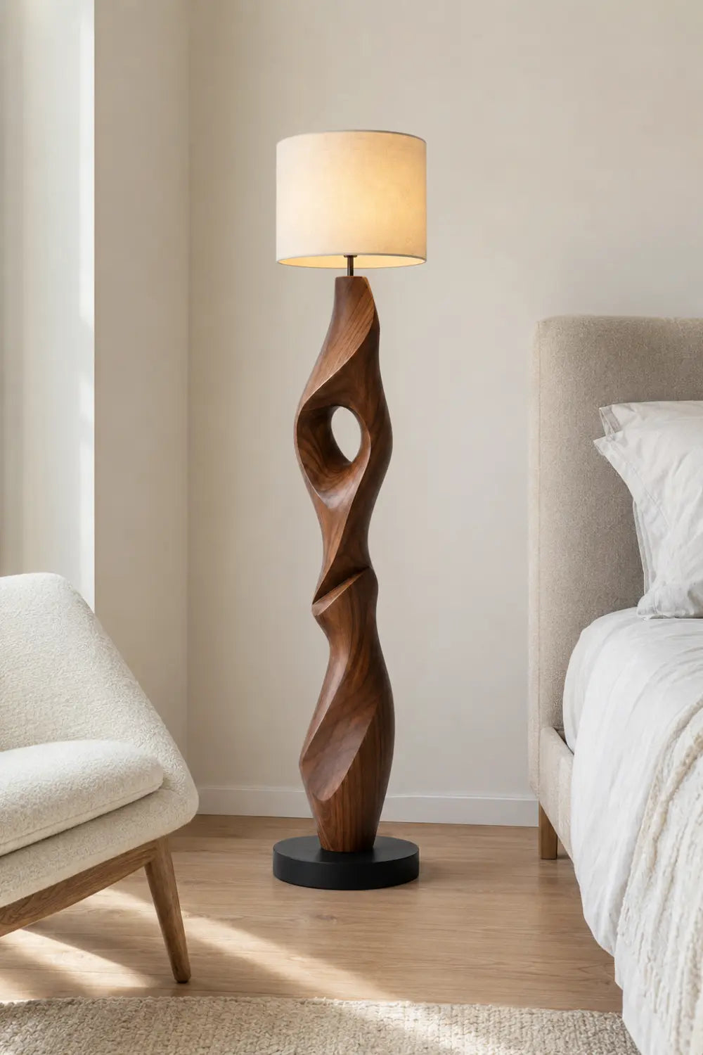 Sculptural Walnut Wood Floor Lamp With Abstract Spiral Form For Modern Living Rooms