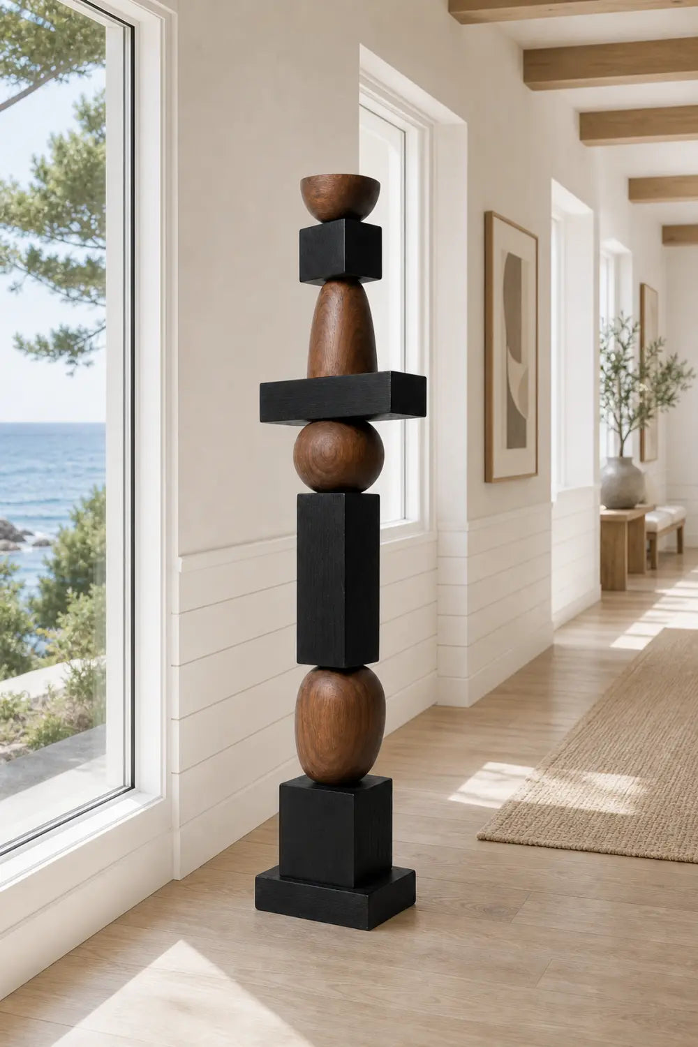 Large Geometric Wooden Sculpture For Minimalist Living Room Decor - Freestanding Abstract Art