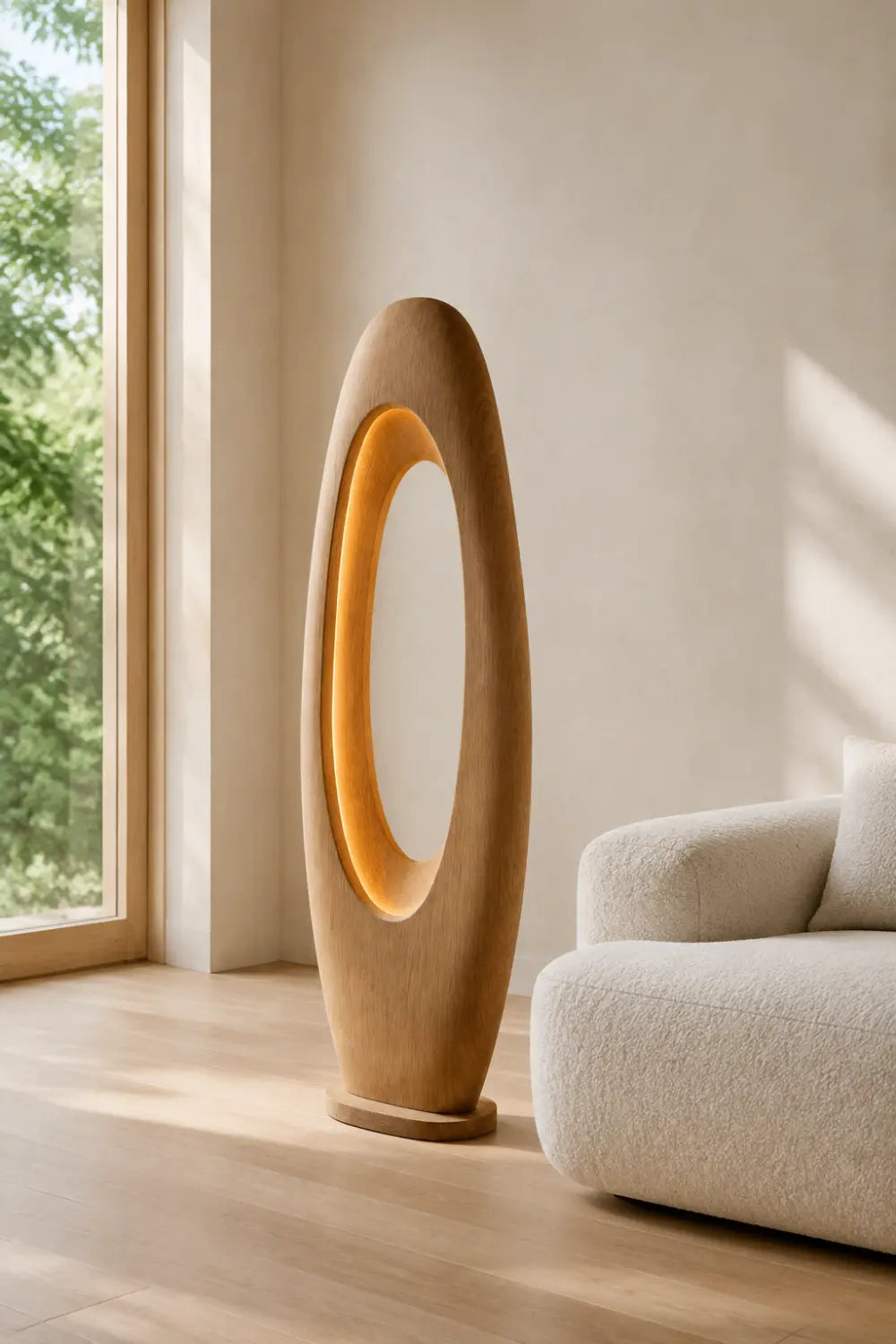 Modern Minimalist Wooden Floor Lamp With Abstract Oval Cutout For Living Room Decor