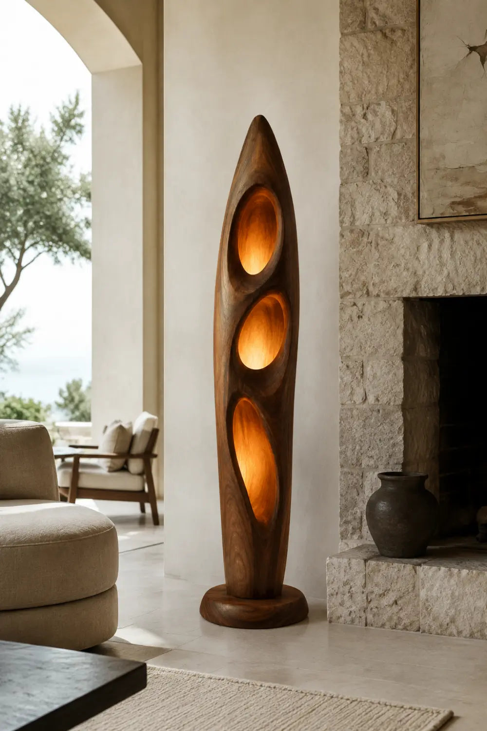 Sculptural Wood Floor Lamp With Organic Hollows And Warm Ambient Light