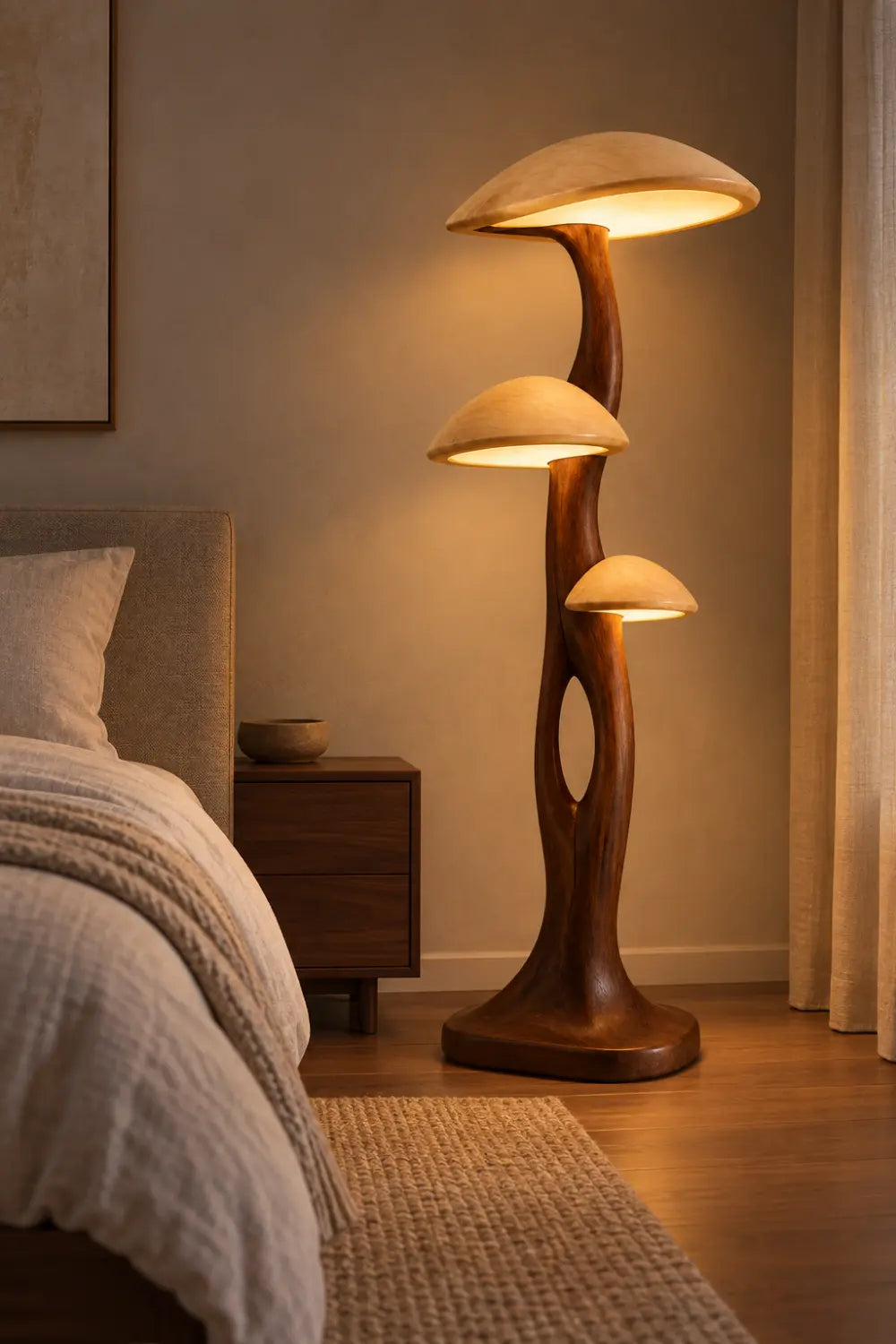 Hand-Carved Wooden Floor Lamp With Mushroom Shades For Modern Living Rooms
