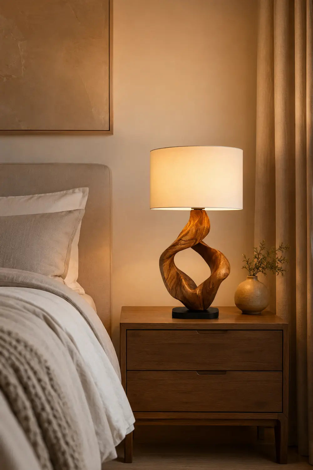 Modern Abstract Wooden Table Lamp With Twisted Walnut Base For Living Room Decor