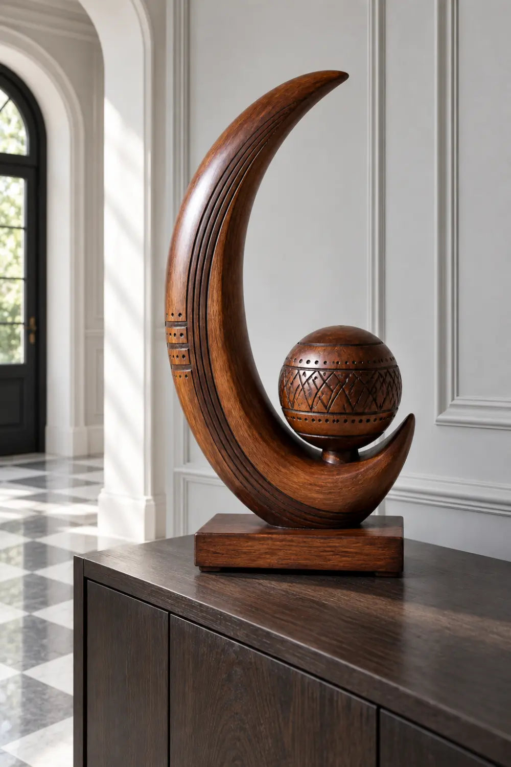 Artisan Carved Wooden Sculpture Abstract Sphere And Crescent Tabletop Art