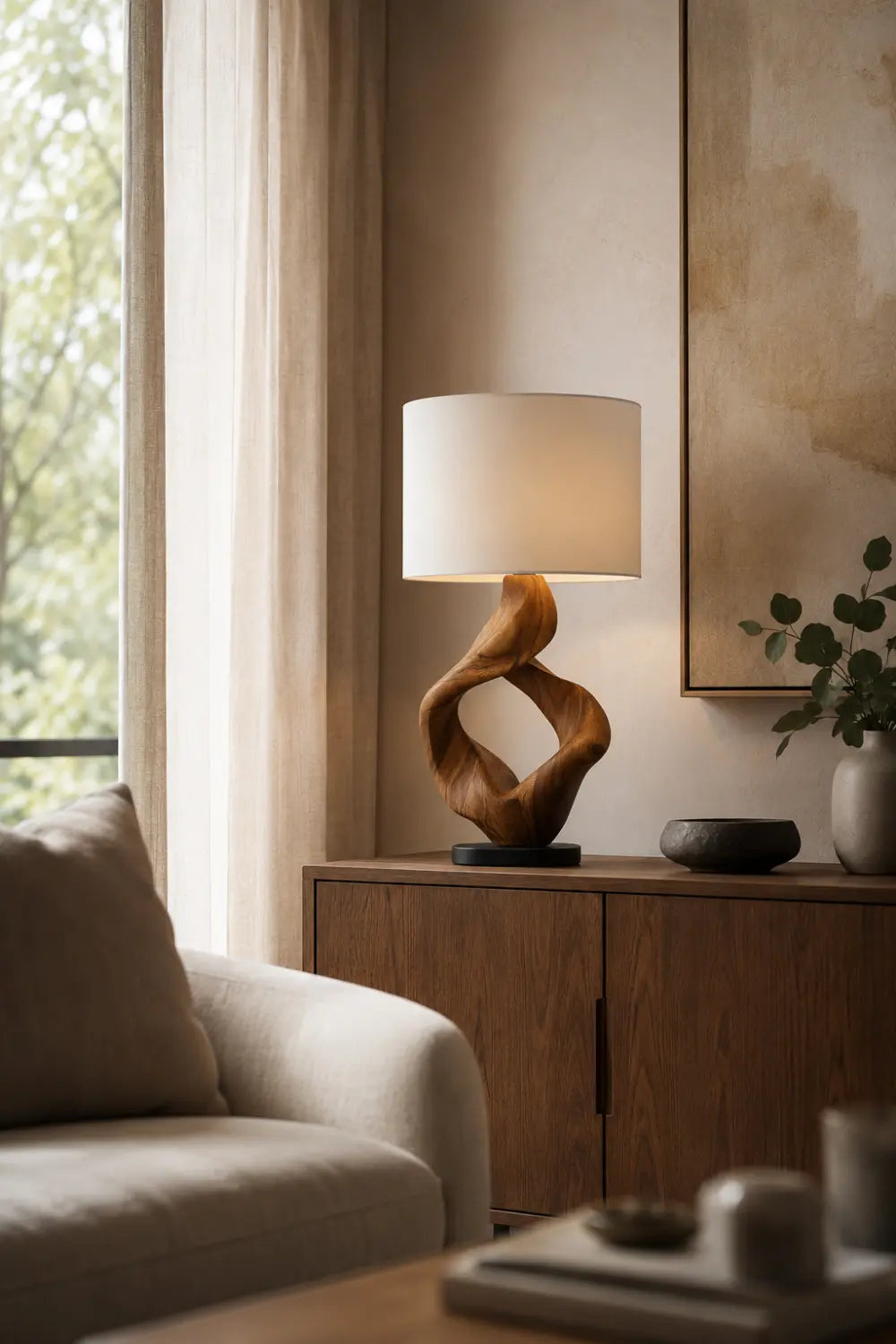 Modern Abstract Wooden Table Lamp With Twisted Walnut Base For Living Room Decor