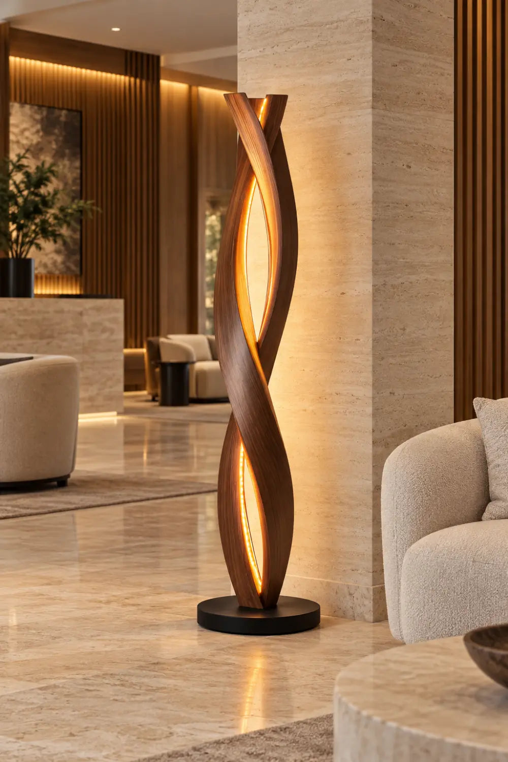 Handcrafted Walnut Floor Lamp With Spiraling Abstract Form For Modern Living Rooms