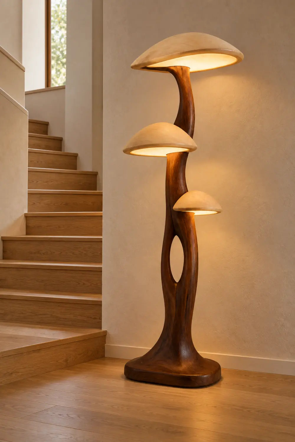 Hand-Carved Wooden Floor Lamp With Mushroom Shades For Modern Living Rooms