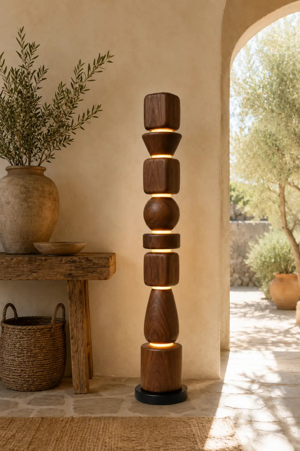 Sculptural Wooden Lamp Abstract Geometric Totem Style Lighting Fixture For Luxury Home Interiors