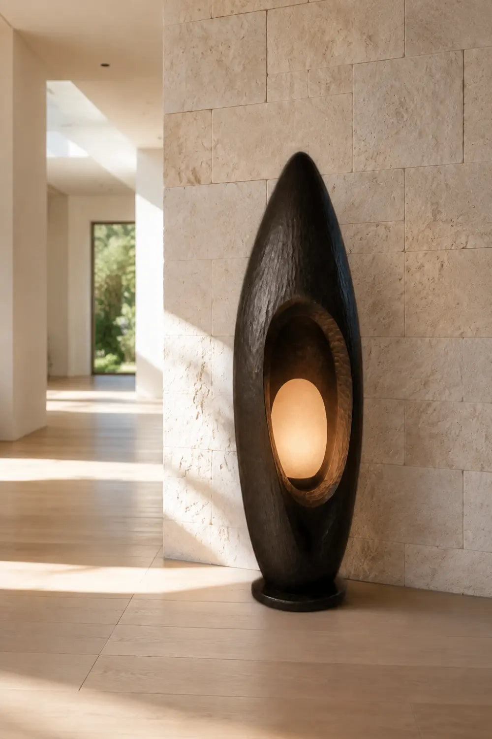Hand Carved Walnut Floor Lamp Modern Abstract Wood Light Fixture For Living Room Decor