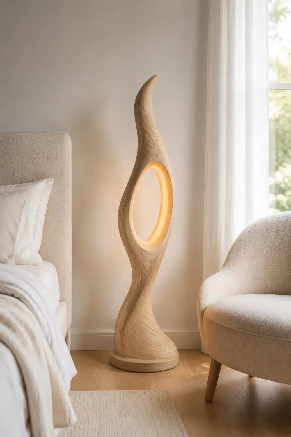 Modern Abstract Floor Lamp Hand-Carved From Solid Natural Wood For Living Room Decor