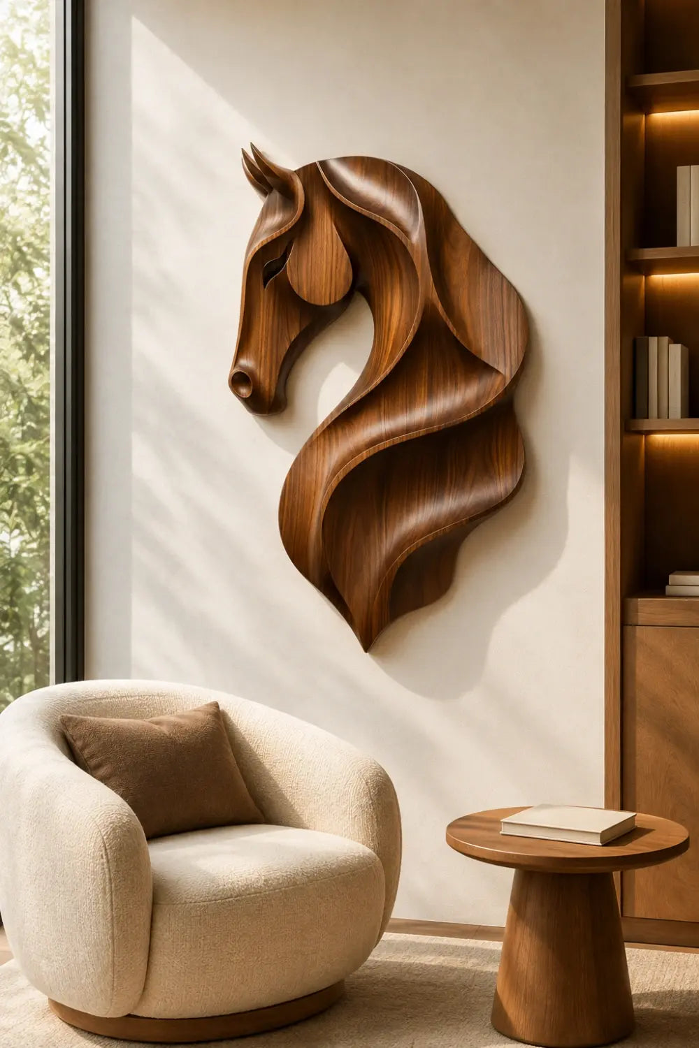 Fluid Wooden Horse Head Wall Art | Modern Carved Relief