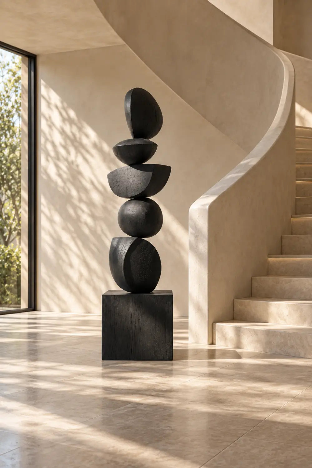 Large Black Wooden Abstract Sculpture For Modern Minimalist Home Decor And Living Room Accent