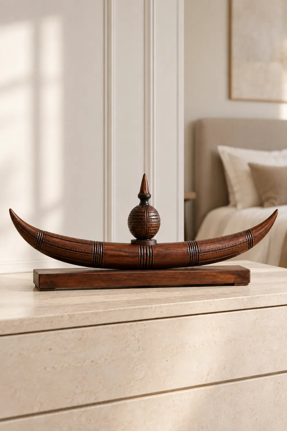 Abstract Tribal Moon Sculpture Wooden Artwork With Central Sphere For Contemporary Interiors