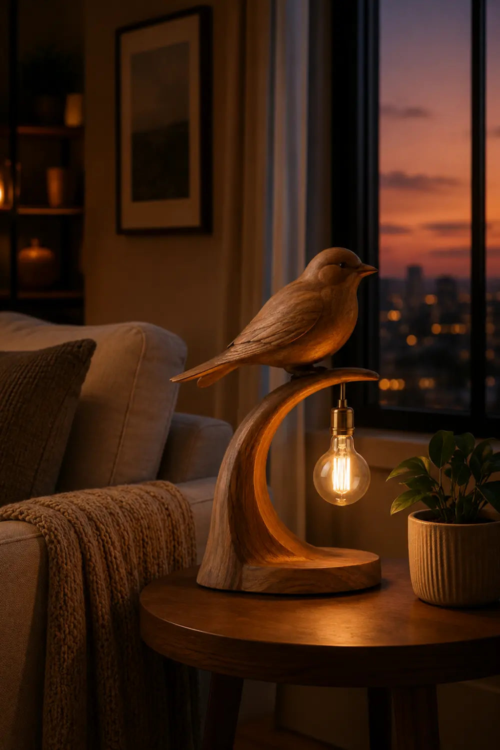 Hand Carved Walnut Bird Table Lamp Modern Organic Lighting Decor