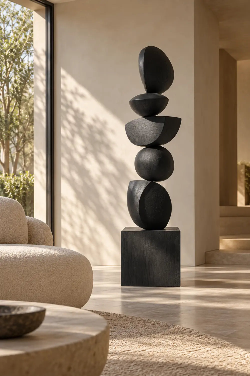 Large Black Wooden Abstract Sculpture For Modern Minimalist Home Decor And Living Room Accent