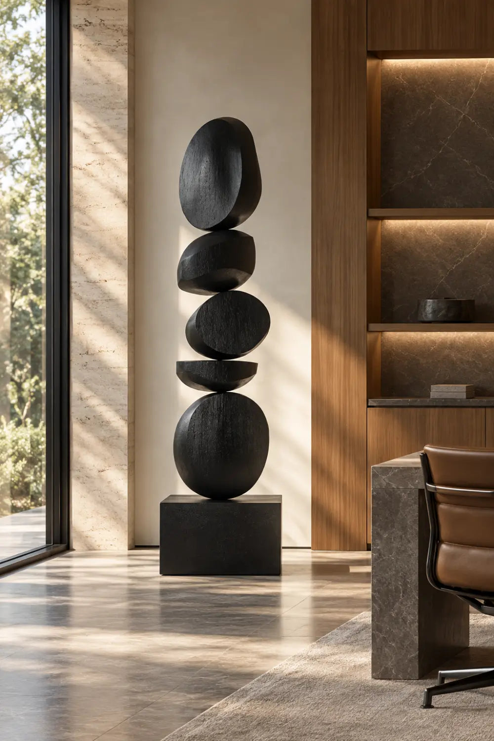 Large Black Wooden Abstract Sculpture For Modern Home Decor