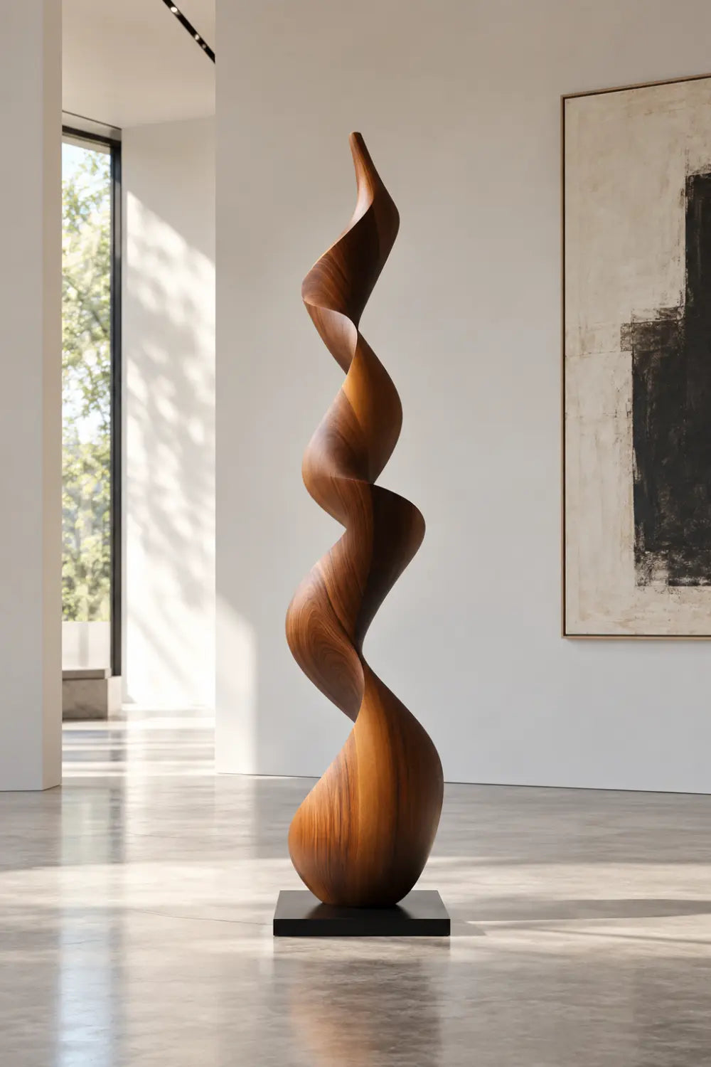 Large Walnut Wood Spiral Sculpture For Modern Living Room Freestanding Abstract Art