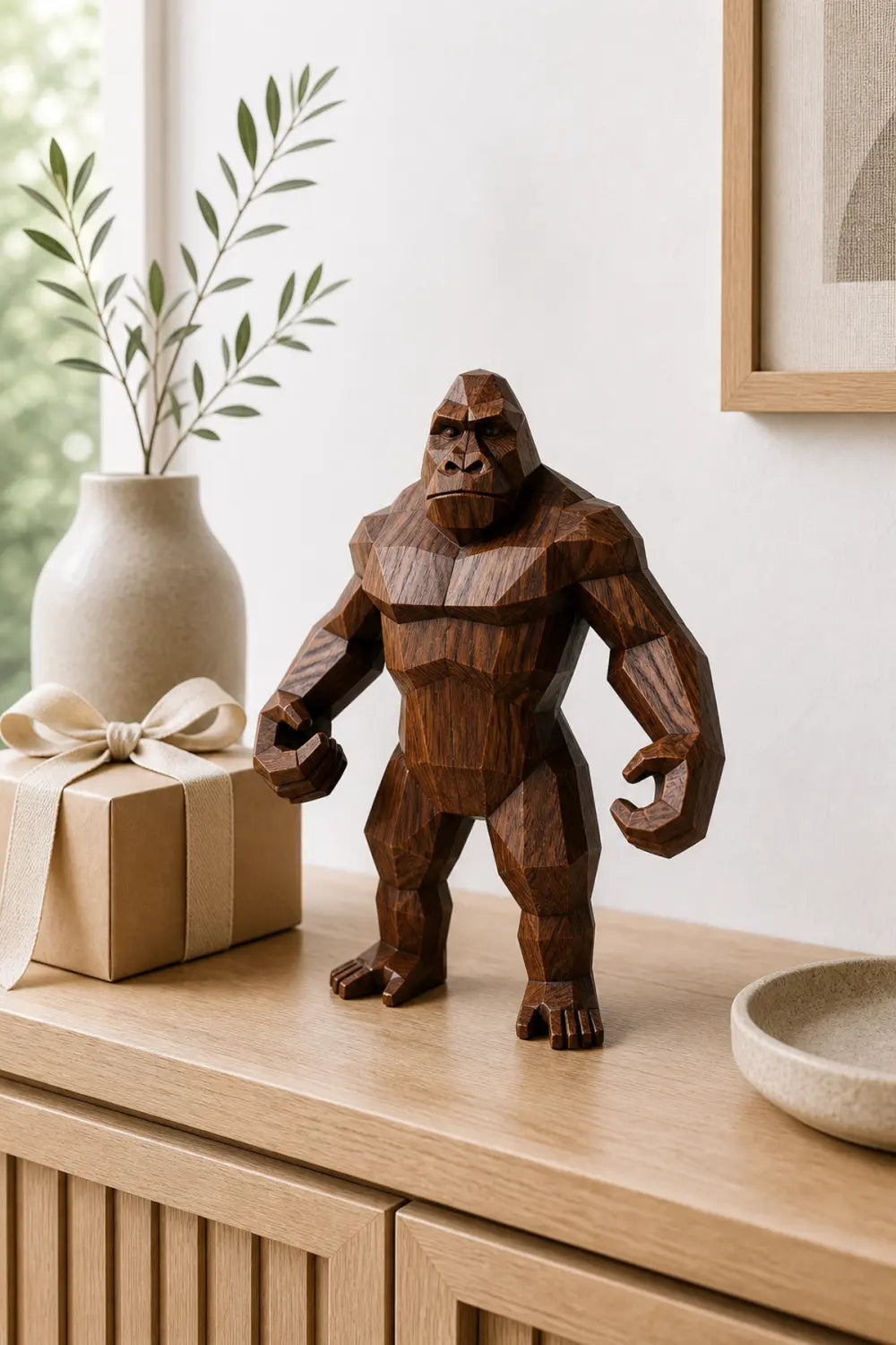 Hand Carved Wooden Gorilla Sculpture Modern Geometric Animal Decor For Living Room