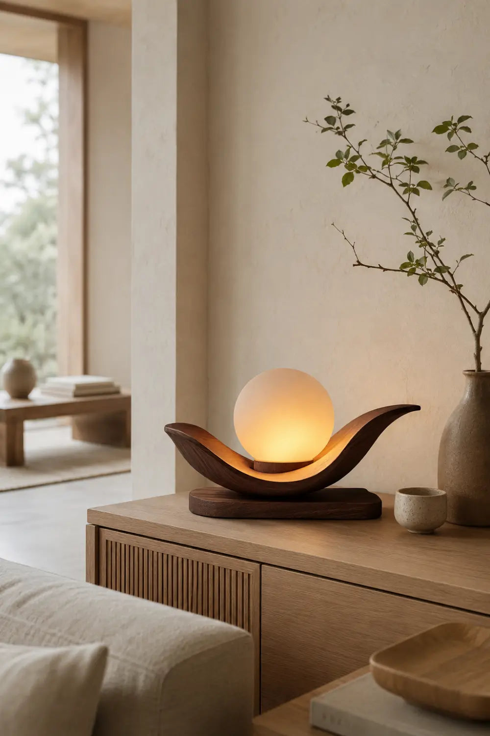 Minimalist Wooden Cradle Desk Lamp | Horizontal Sphere Tray Accent Light | Cozy Space Gift