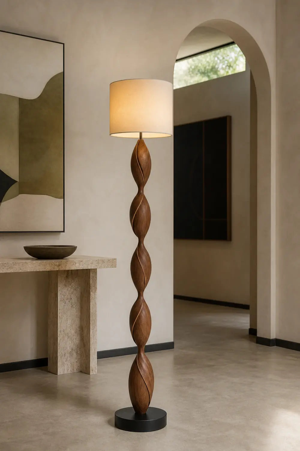 Hand Carved Walnut Wood Floor Lamp With Organic Spiral Form And Warm Glow
