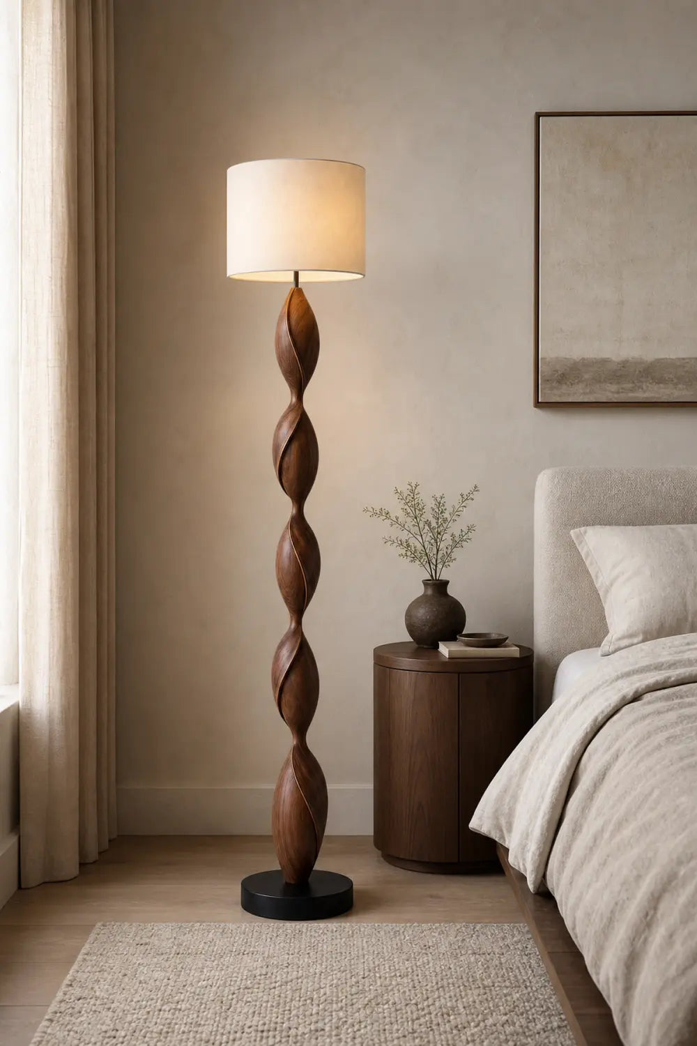 Hand Carved Walnut Wood Floor Lamp With Organic Spiral Form And Warm Glow