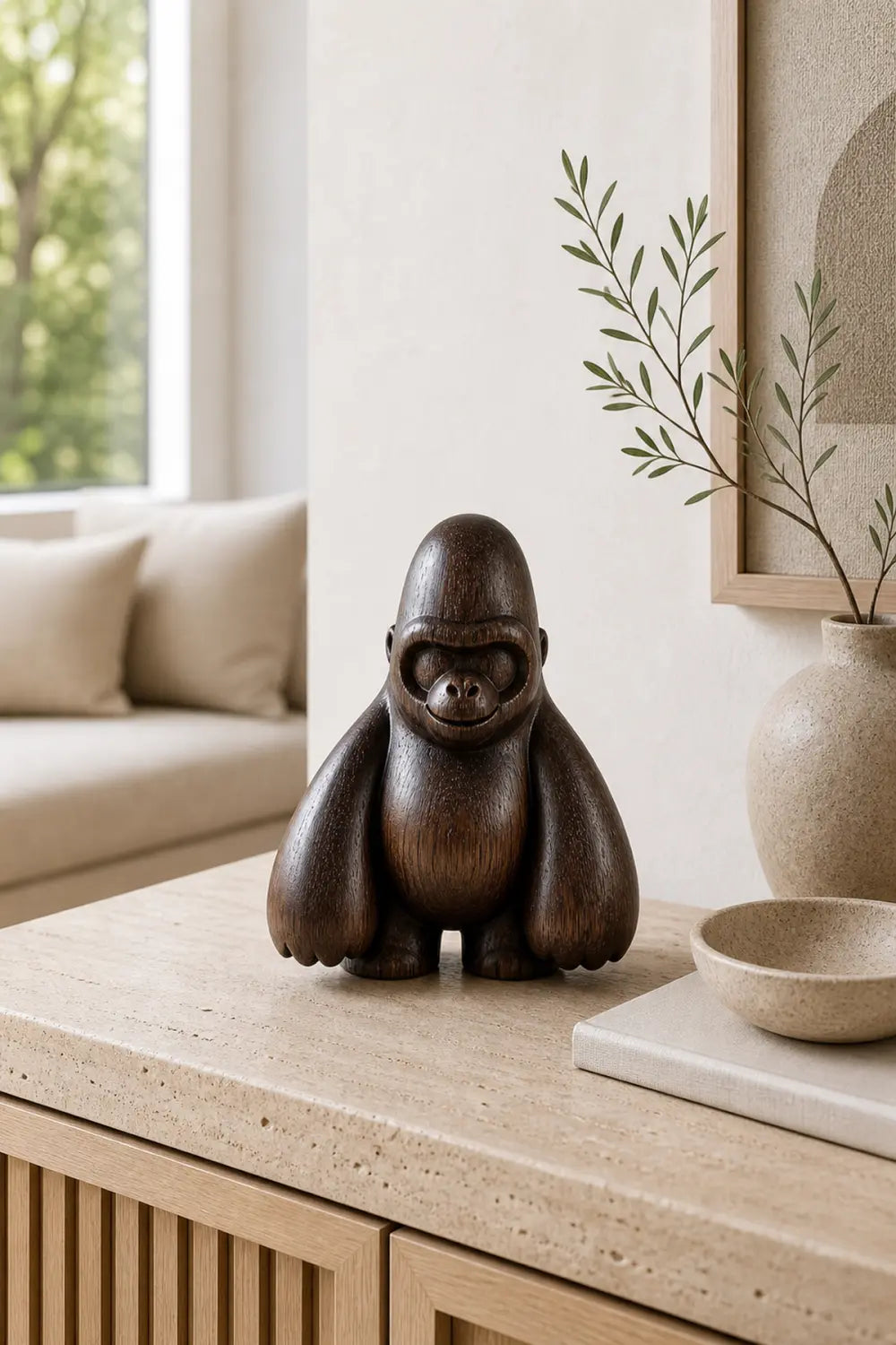Hand-Carved Walnut Gorilla Sculpture For Modern Home Decor And Minimalist Interior Design